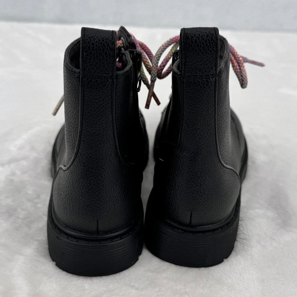 Art Class Girls Size 1 Black Faux Leather Combat Boots Rainbow Laces Side Zip